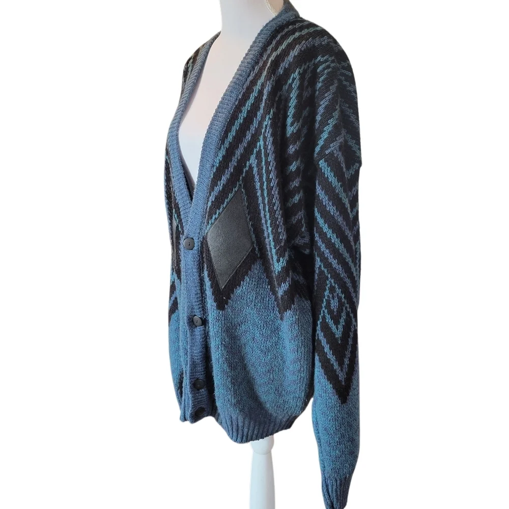 Vintage Campus Blue Gray Black Stripe Button Front Long Sleeve Cardigan